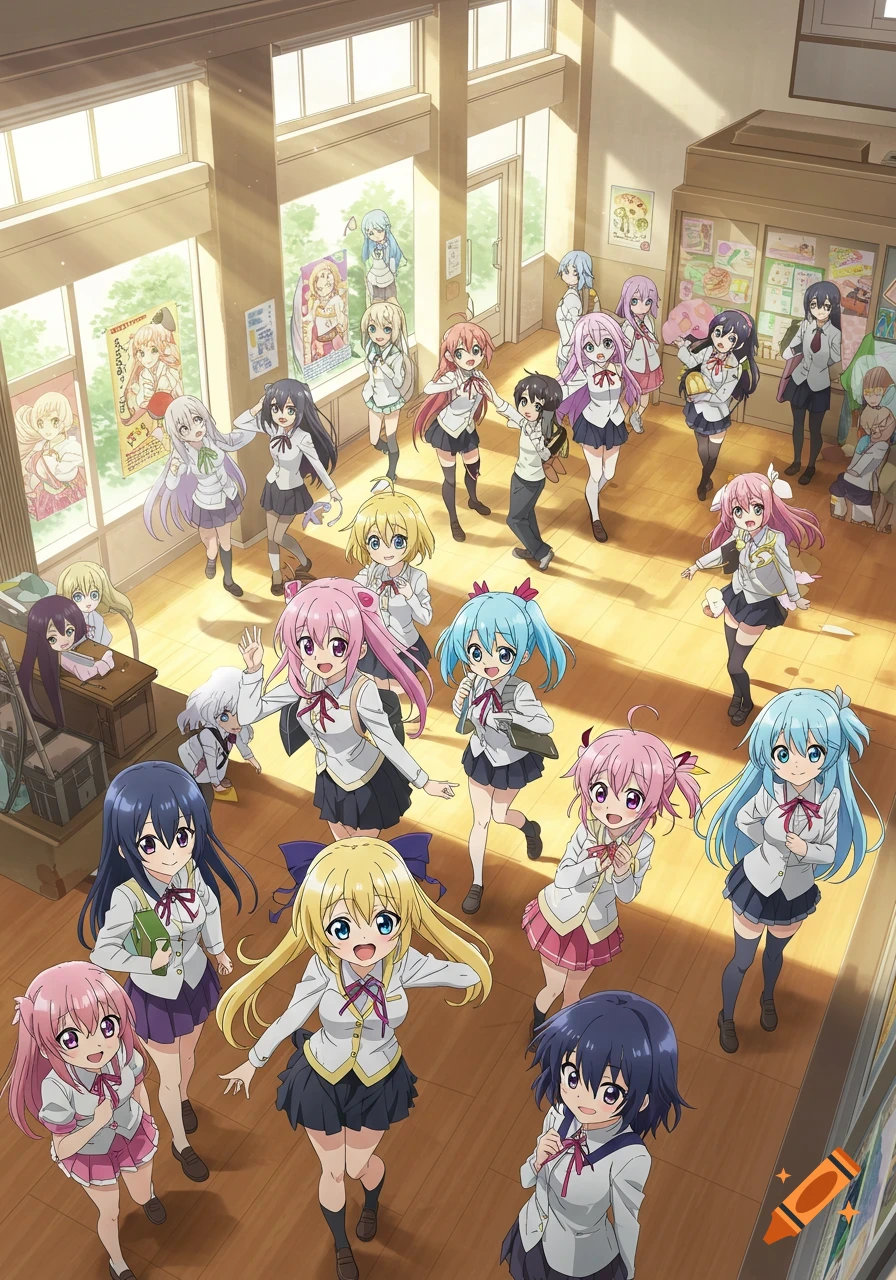 An anime illustration shows many schoolgirls and one schoolboy in school uniforms in a brightly lit classroom.