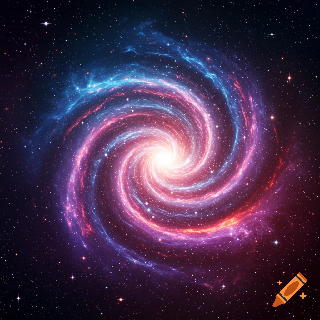 A vibrant spiral galaxy with a bright glowing core, featuring blue and pink nebula dust against a dark starry background.