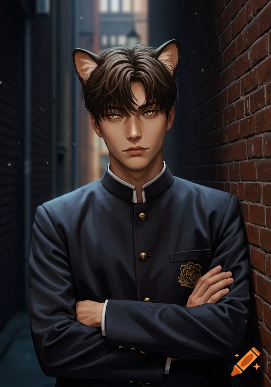 A handsome, cat-eared male student in a dark school uniform leans against a brick wall in an urban alley, a semi-realistic digital painting.