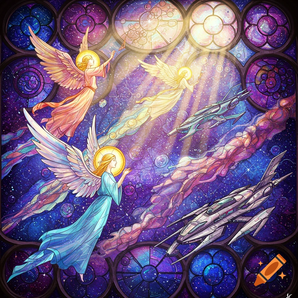Stained glass art depicts angels and starships flying through a cosmic background with celestial patterns.