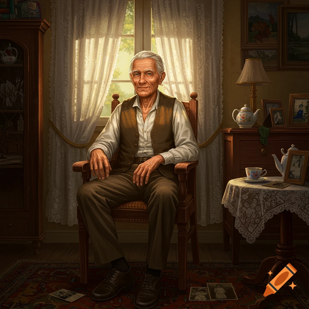 An old man with white hair sits in a wooden armchair in a sunlit room filled with antique furniture.