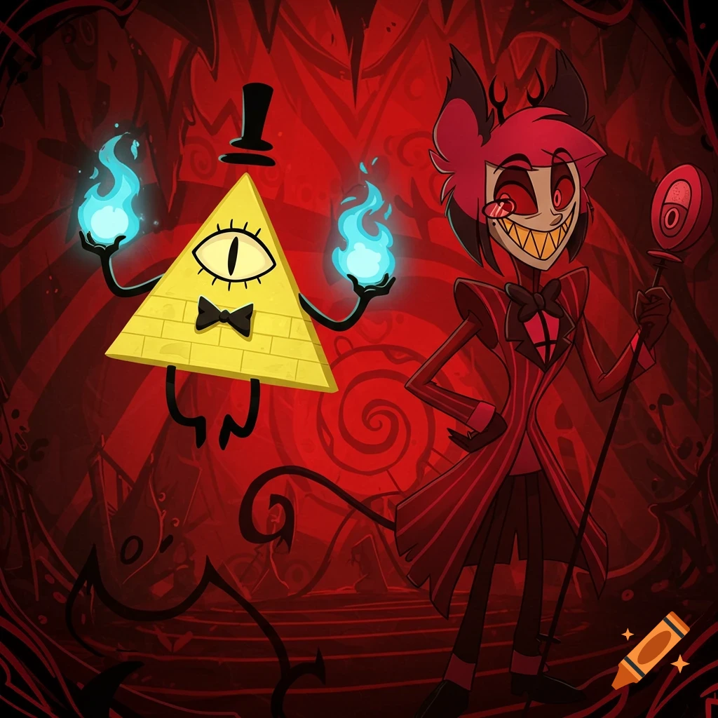 Bill Cipher and Alastor, two cartoon demon characters, stand in a stylized red hellish background. Bill, a yellow triangle with a top hat, holds blue flames. Alastor, a red-furred demon with a wide grin, holds a staff.