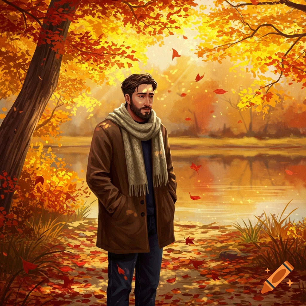 An illustrated portrait of a pensive man with a beard and scarf, standing in a vibrant autumn forest with red and yellow leaves, beside a reflective lake.