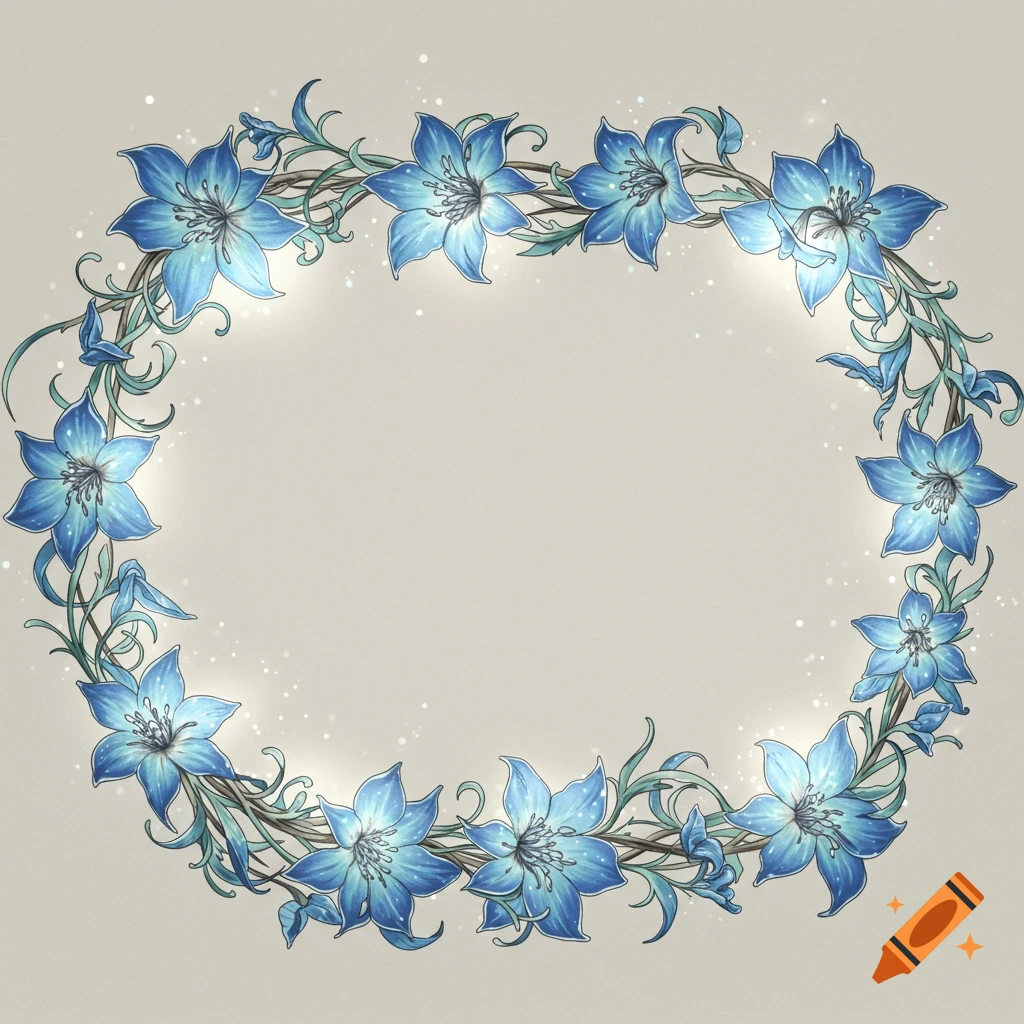 A decorative oval border of glowing blue fantasy flowers and green vines on a light background.