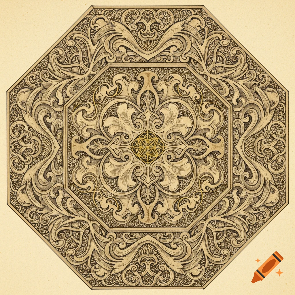 Detailed octagonal ornamental design with intricate scrollwork and floral motifs, in an antique engraving style on aged paper.