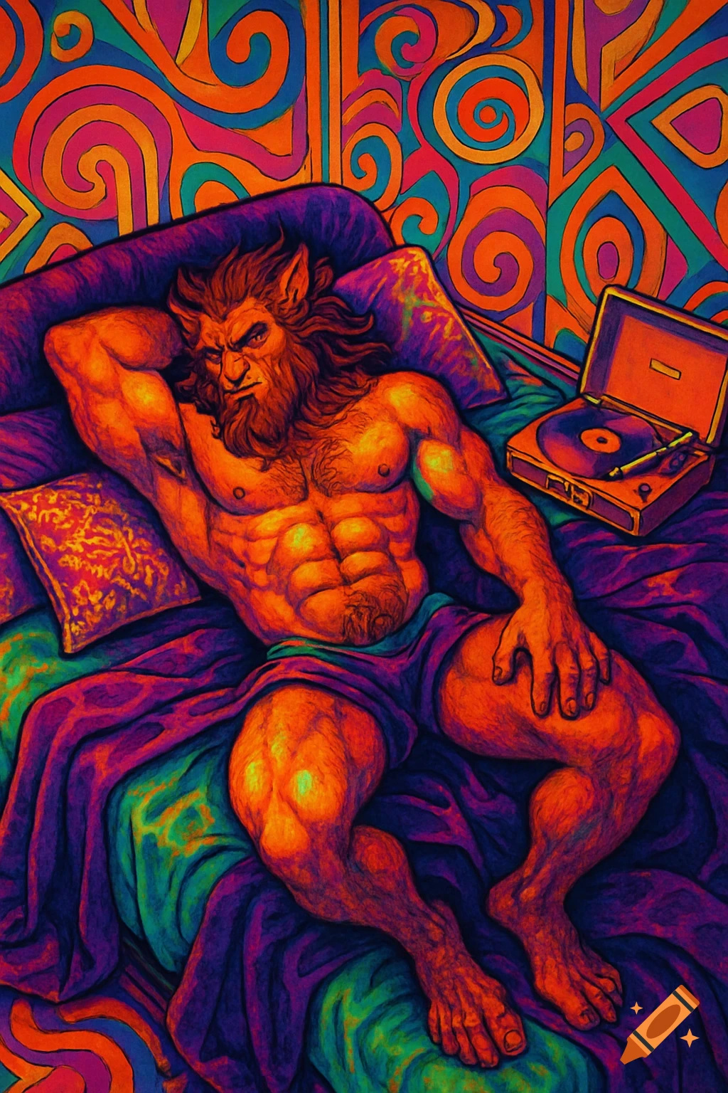 A muscular, hairy man-beast with a stern expression lies in a bed with vibrant, psychedelic patterns, next to a record player in a funk art style.