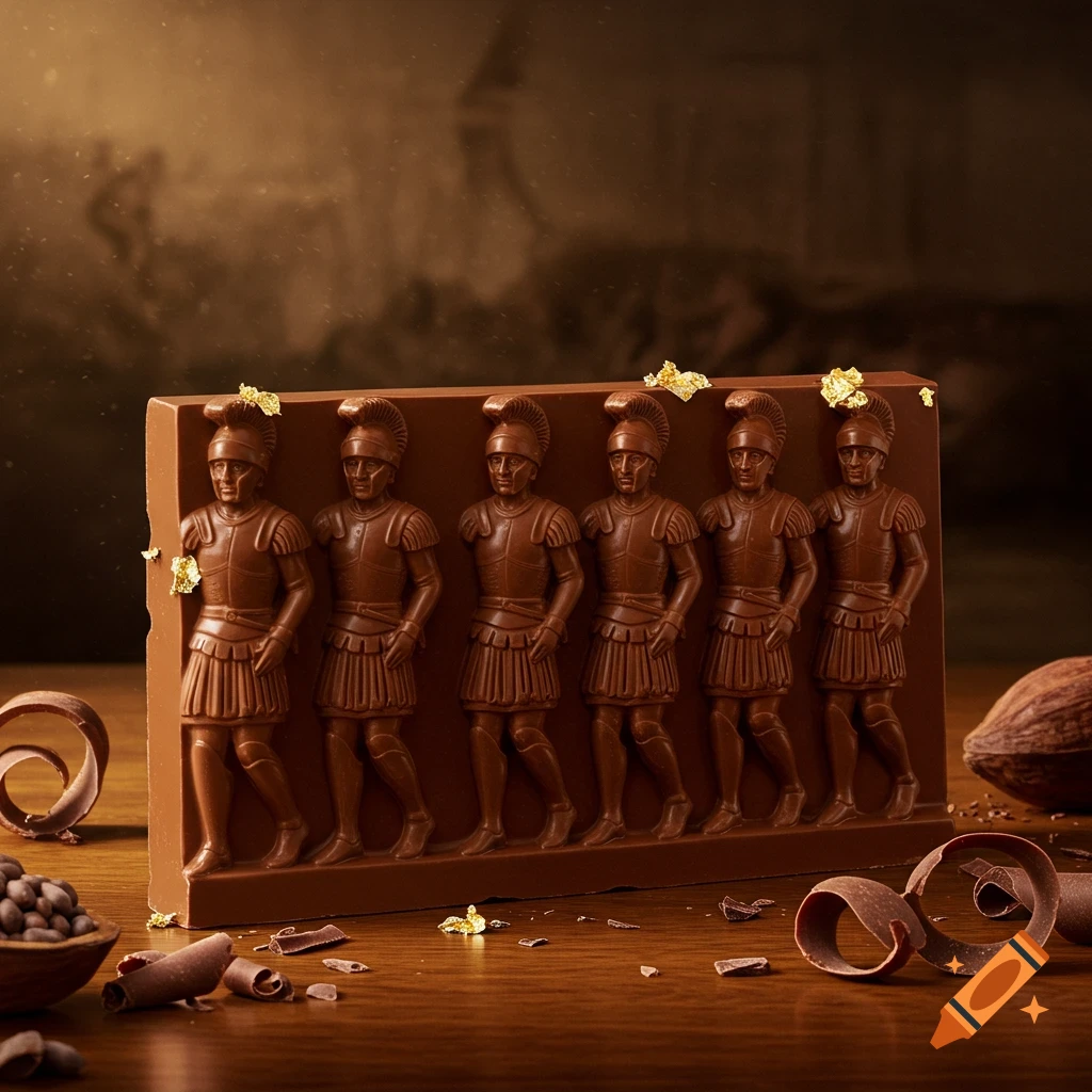 A close-up shot of a chocolate bar featuring six molded Roman soldier figures, adorned with gold flakes. Chocolate shavings and cocoa beans are scattered on a wooden surface.
