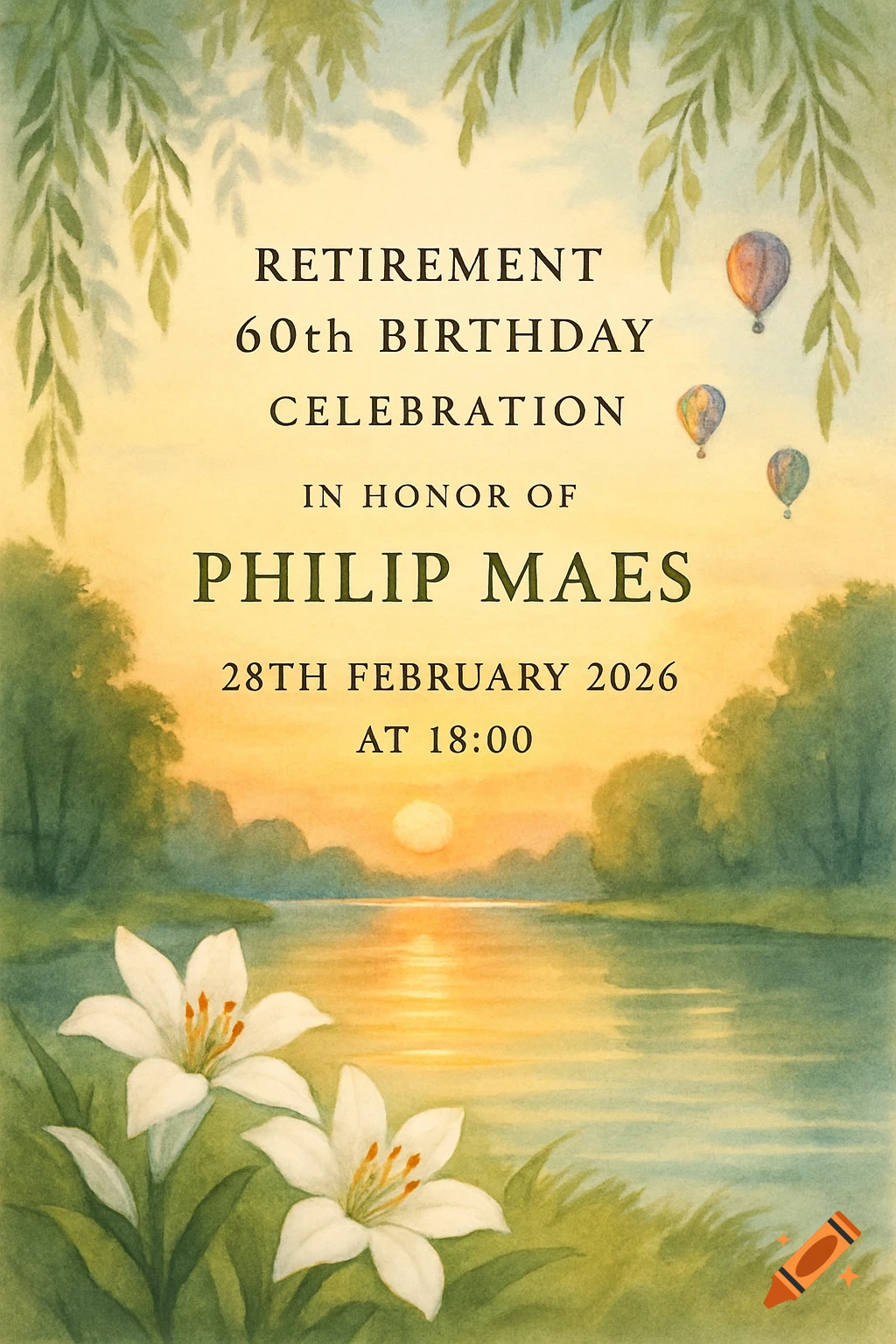 Watercolor invitation for Philip Maes' 60th birthday and retirement, featuring a sunset over a river with trees, hot air balloons, and white lilies.