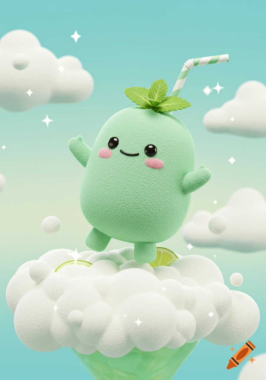 A cute fuzzy green 3D cartoon character with mint leaves and a straw, standing on cocktail foam with lime slices against a blue sky.