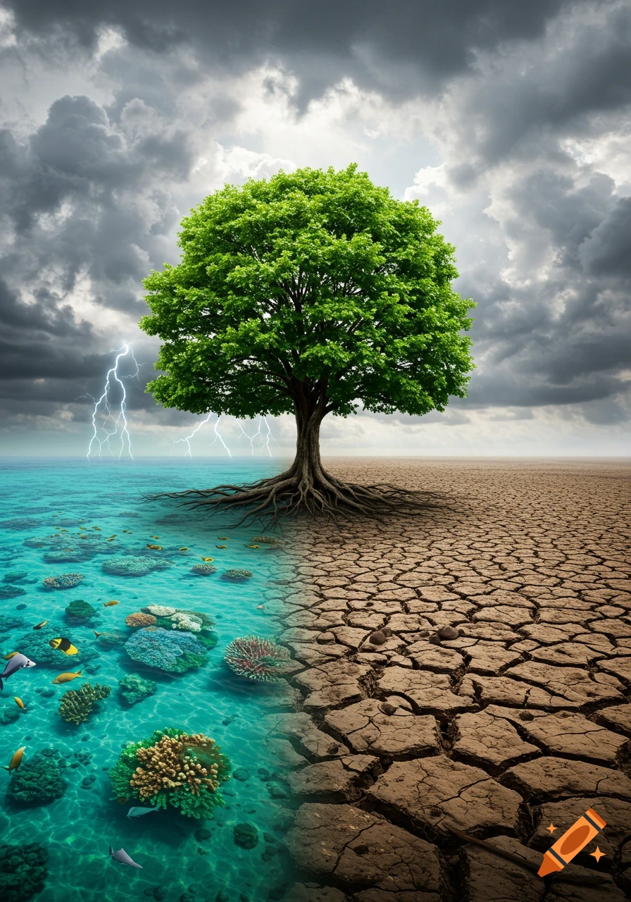 A vibrant green tree stands between a clear blue ocean with coral and fish, and a cracked, dry desert under a stormy sky with lightning.