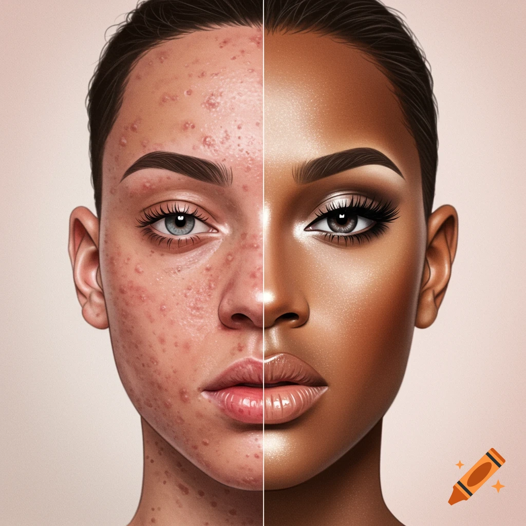 Split-face portrait showing one side with severe acne and blemishes and the other with smooth, bronzed skin and glam makeup.