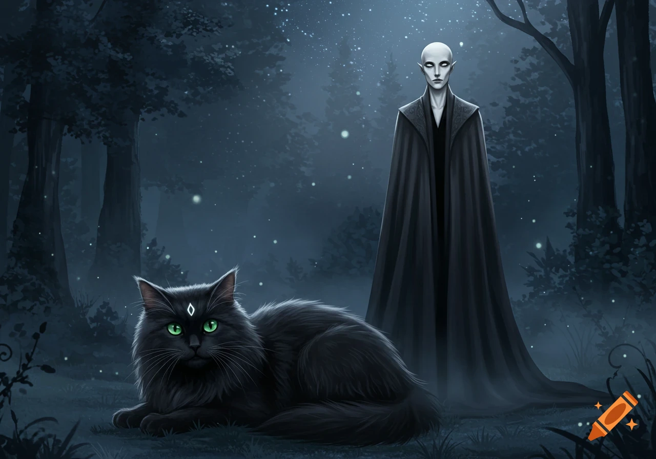 A large fluffy black cat with glowing green eyes and a pale, bald figure in a dark cloak in a mystical night forest.