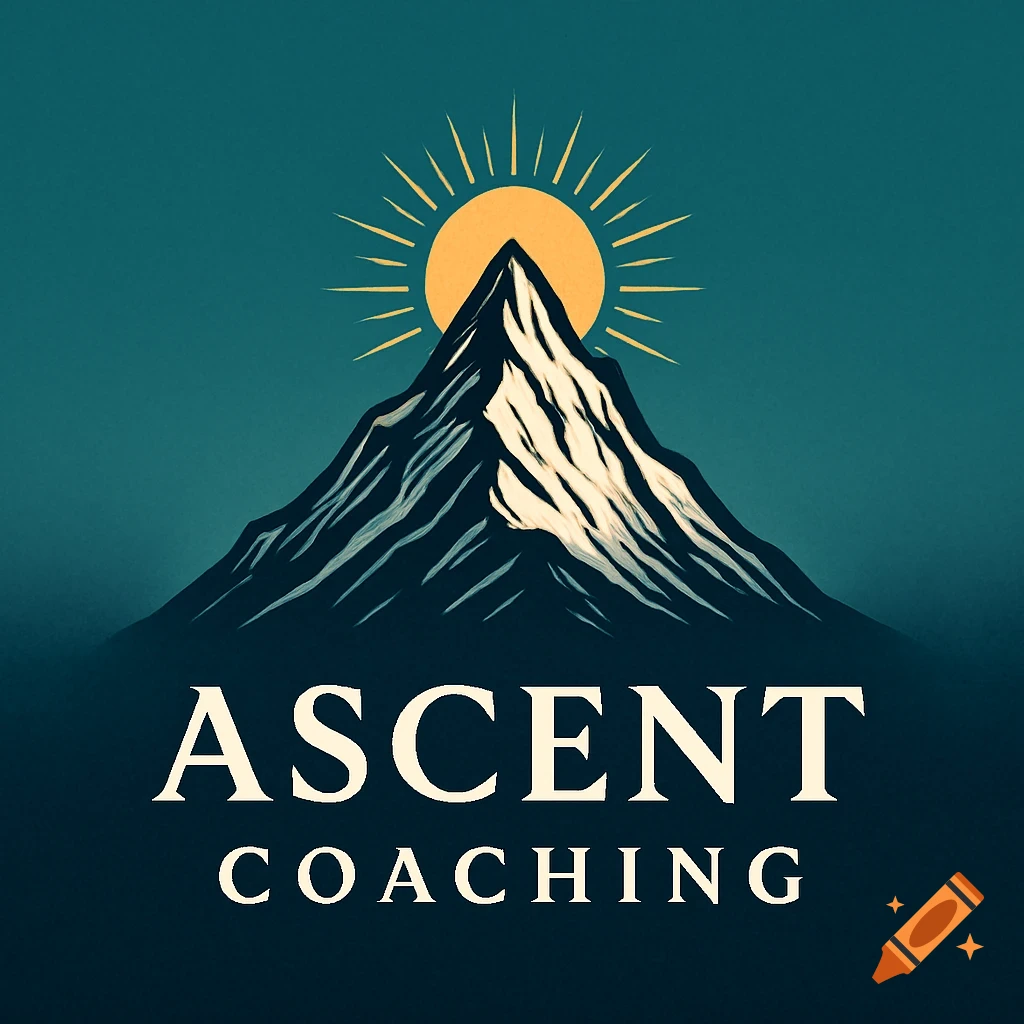 A minimalist logo with a stylized mountain, a yellow sun behind it, and the text "ASCENT COACHING" in white on a dark teal background.