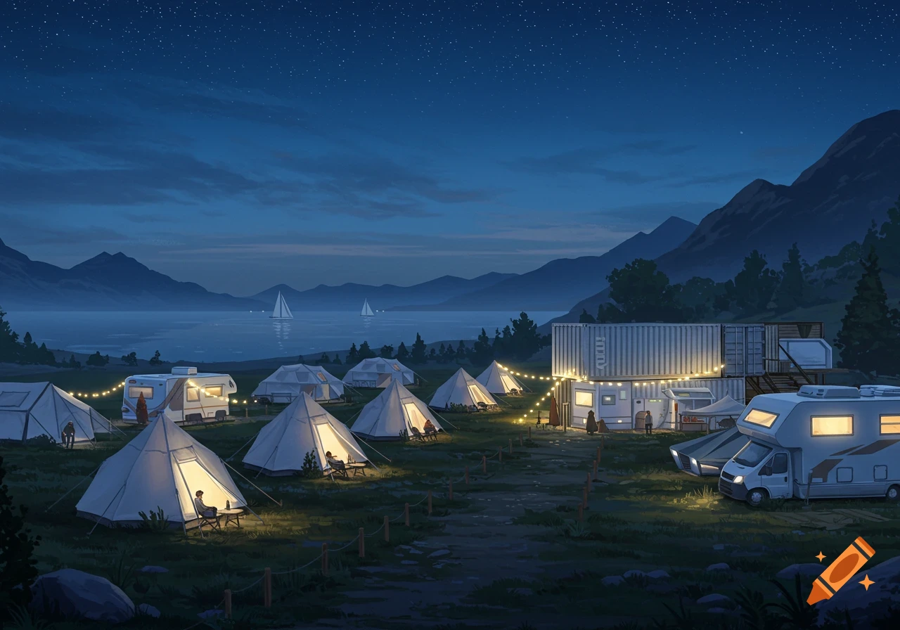 A futuristic campsite at night with illuminated tents, camper vans, and shipping container buildings by a lake with mountains under a starry sky.