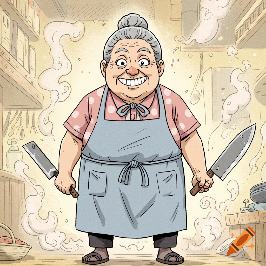 An exaggerated manga-style illustration of an elderly, stout woman with gray hair in a bun, wearing an apron and polka-dot shirt, grinning widely while holding a cleaver and a chef's knife in a smoky kitchen.