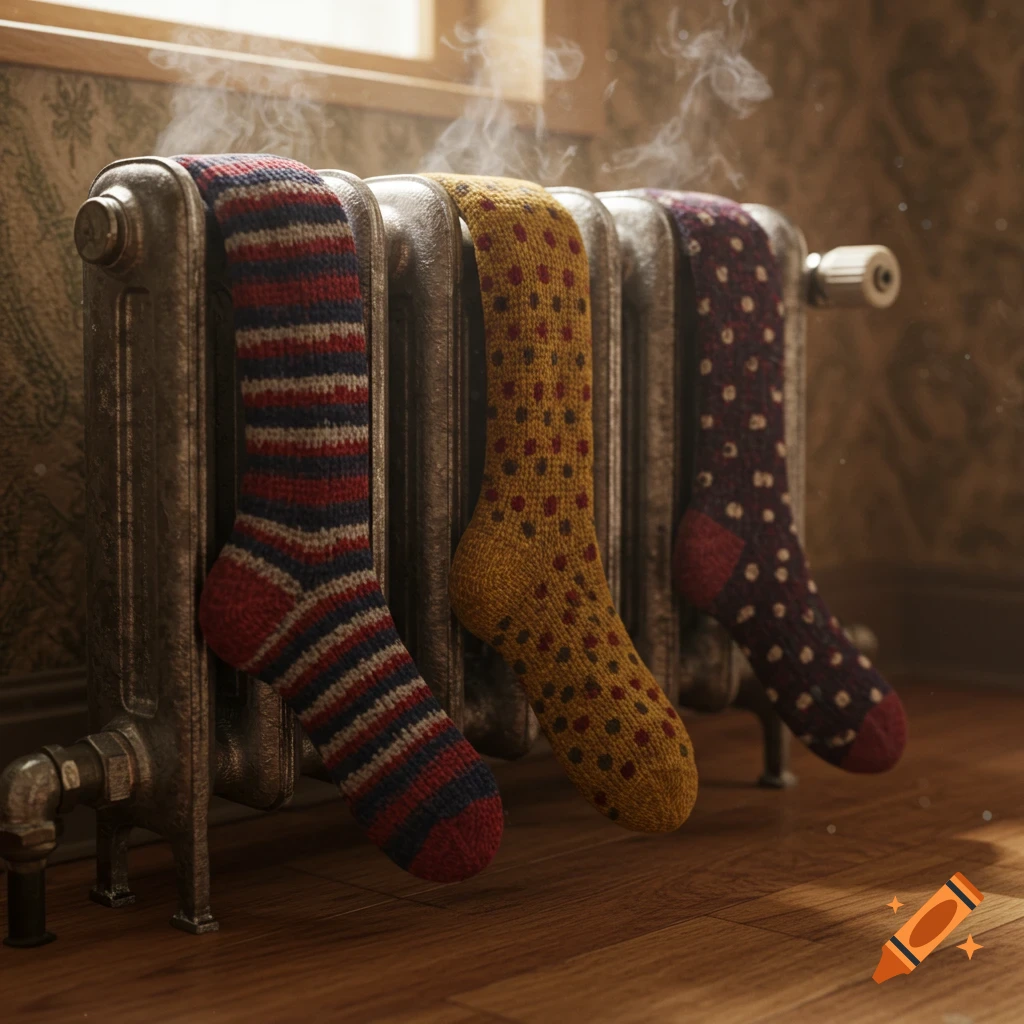 Three colorful knitted socks with patterns drying on a vintage cast-iron radiator, steam rising, photorealistic style.