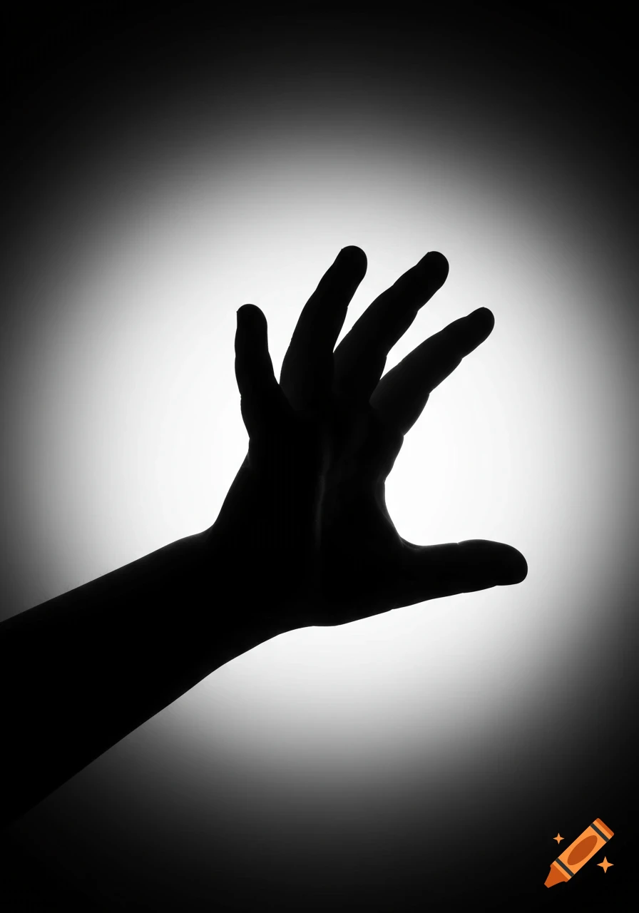 Black silhouette of a hand reaching or grasping against a gradient black and white background.