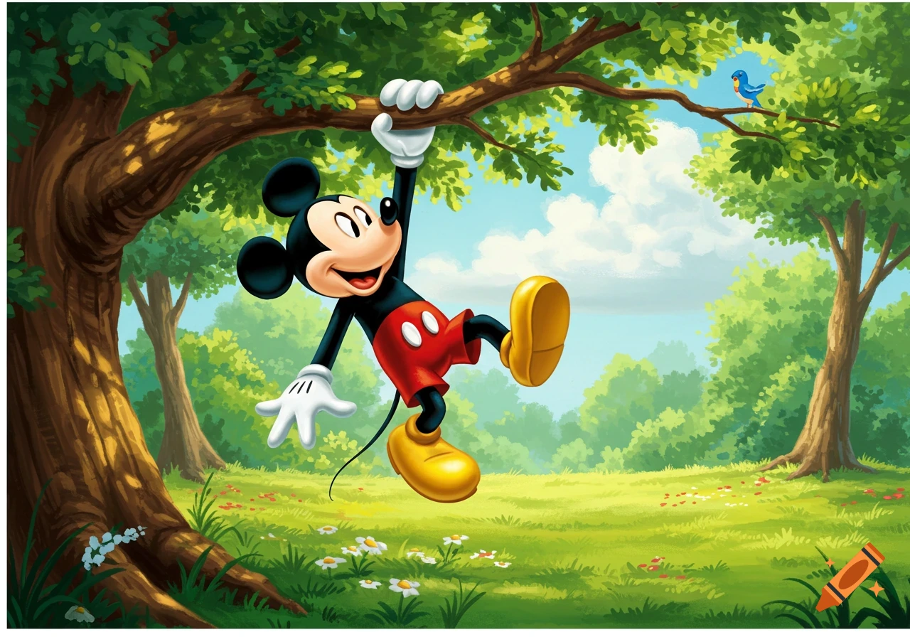 Mickey Mouse hangs playfully from a tree branch in a vibrant cartoon forest with a small blue bird.