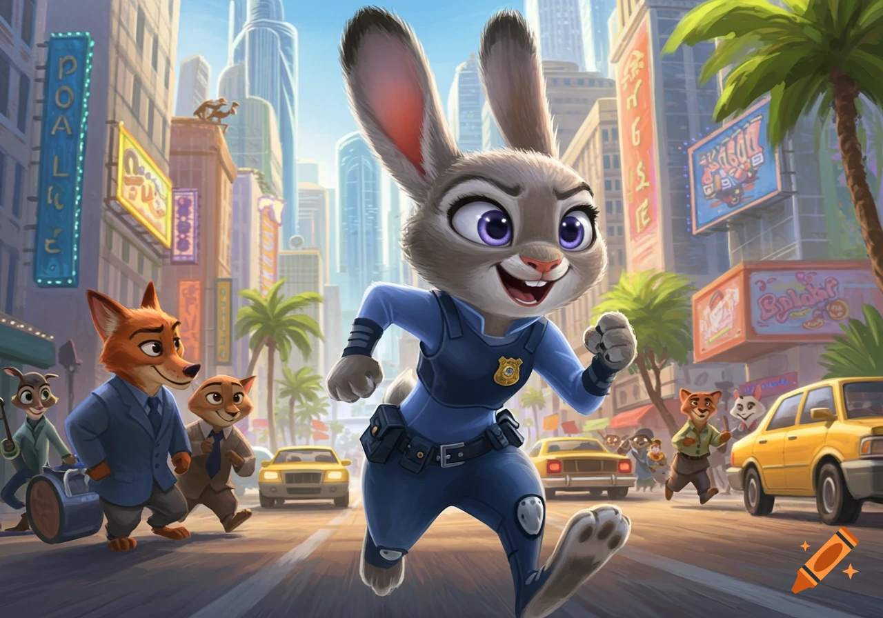 A cartoon rabbit police officer, Judy Hopps, runs through a bustling city street with Nick Wilde and other anthropomorphic animals.