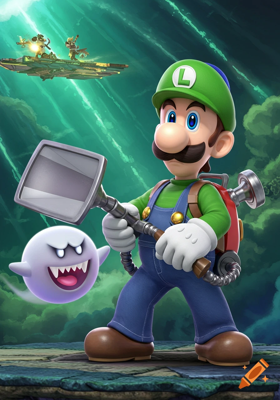 Luigi with a vacuum-like device and a Boo ghost, with other characters on a flying platform in the background, in a Super Smash Bros style.
