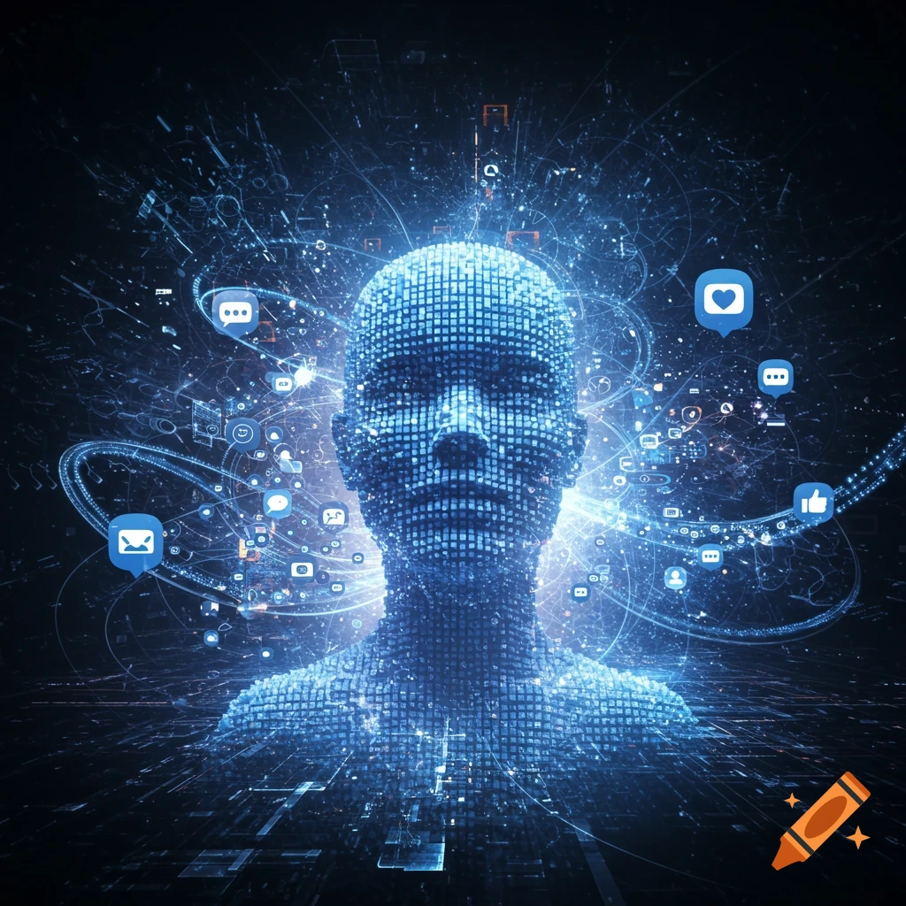 A digital human head and torso made of blue pixels, surrounded by glowing light trails and social media icons against a dark background.