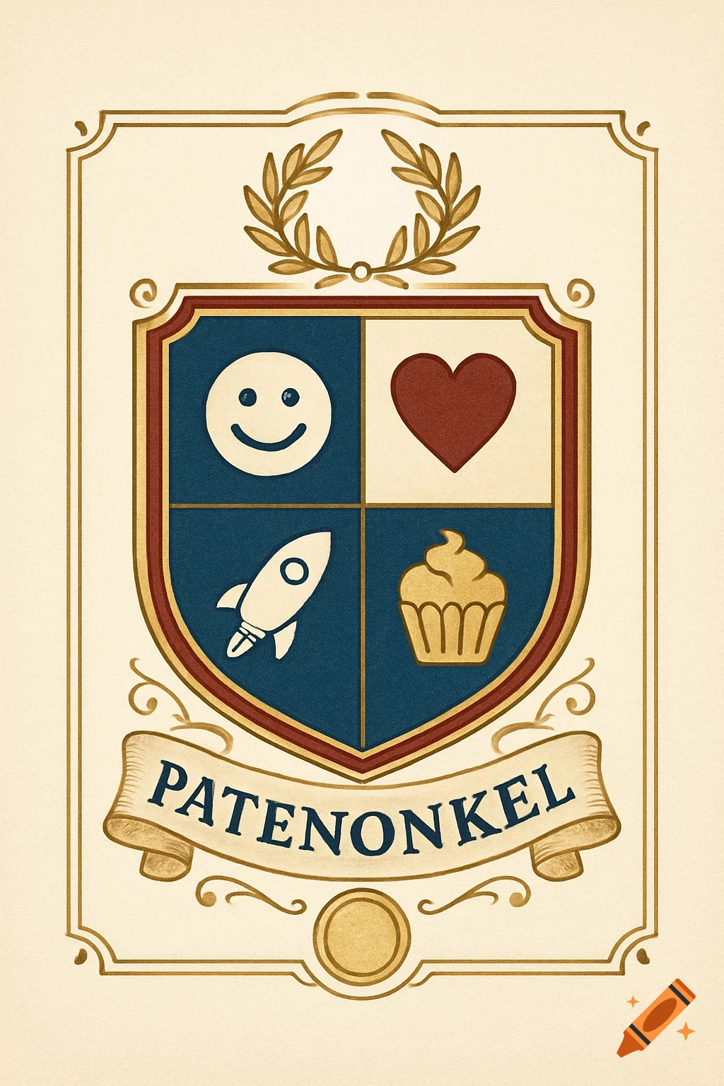A cartoon-style crest featuring a smiley face, heart, rocket, and cupcake on a blue and white shield, with a laurel wreath above and 'PATENONKEL' on a banner below.