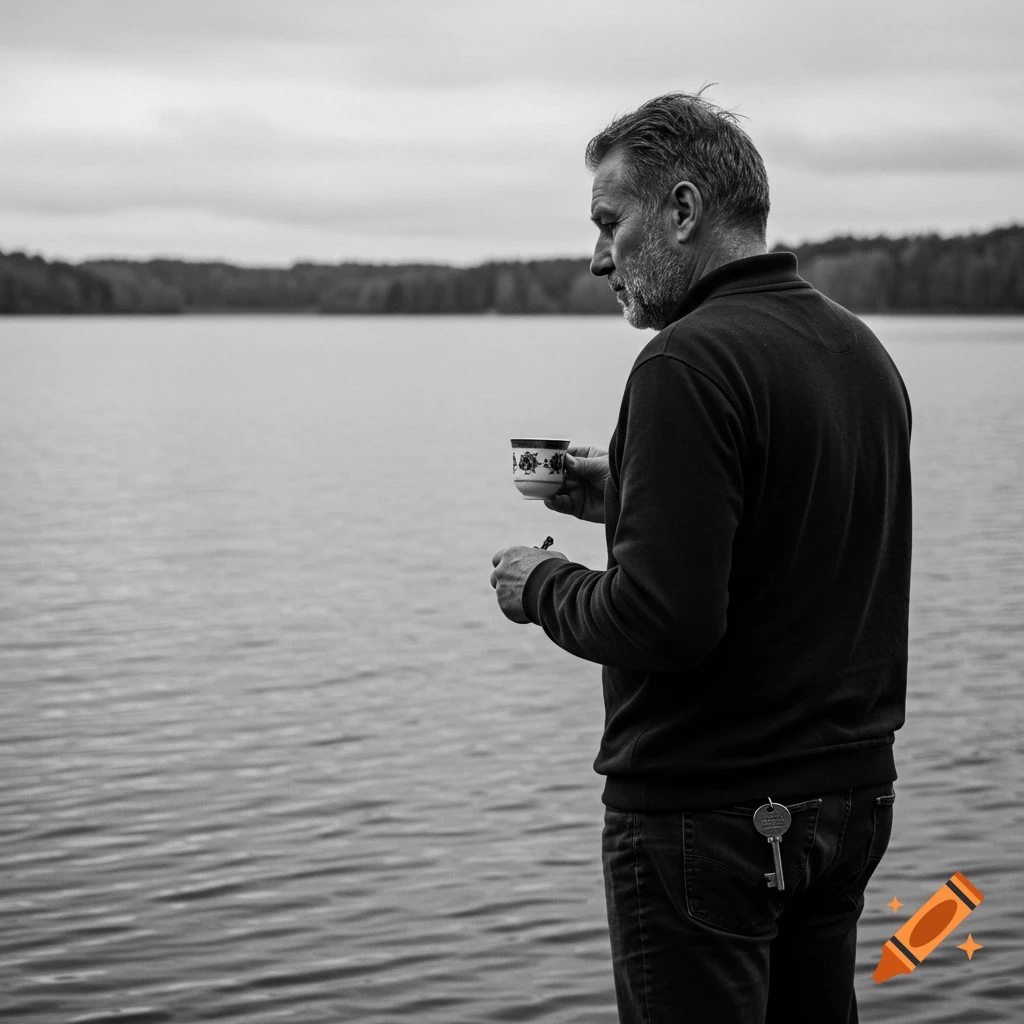 Black and white photo of a sad, older man holding a cup by a lake, a key visible in his back pocket.