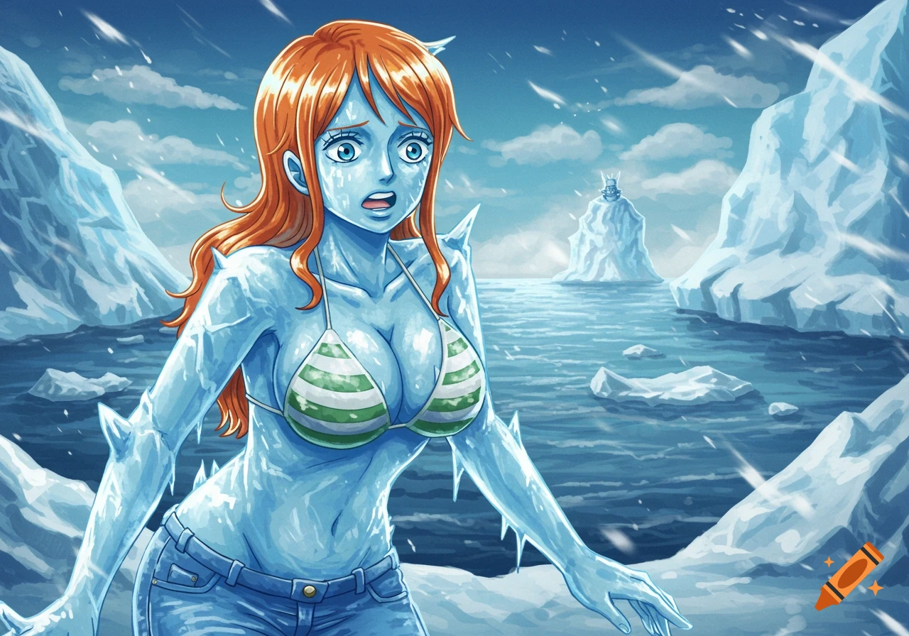 Anime character Nami from One Piece frozen in ice, wearing a bikini top and jeans, looking surprised in an icy sea landscape with icebergs.
