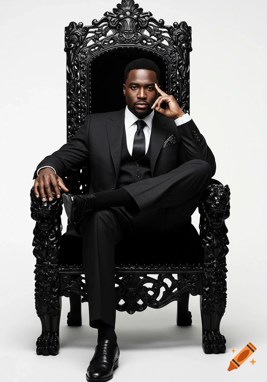 A serious man in a black suit sits on a black ornate throne, legs crossed, hand on chin, looking directly forward in a photorealistic style.