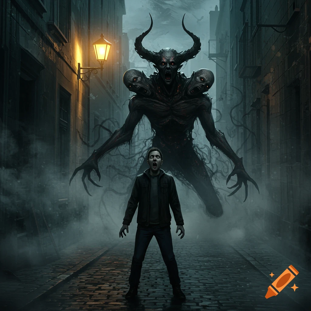 A terrified man in a dark alley stares in fear at a towering horned demon with three faces on its shoulders.