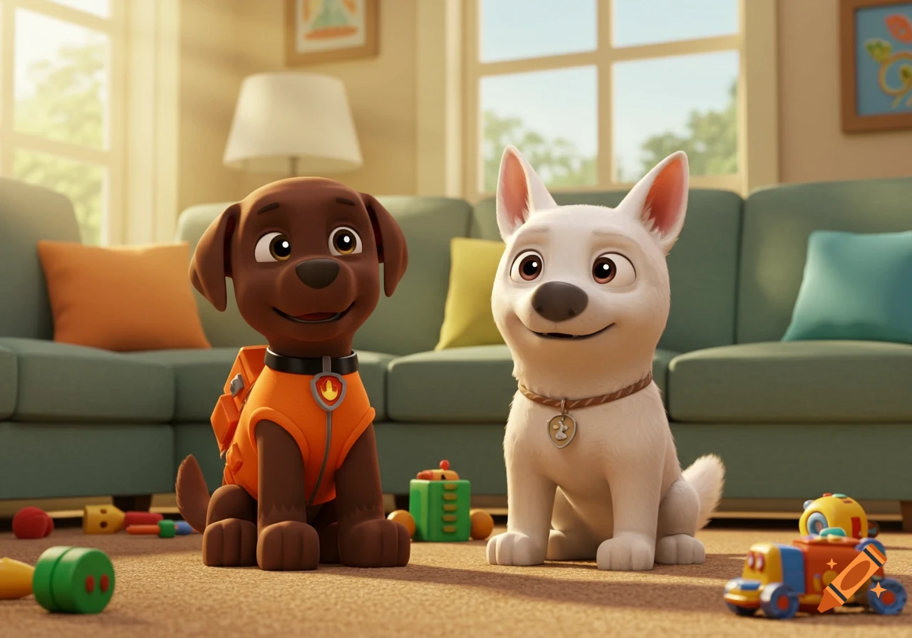 Two smiling animated dogs, one brown in an orange vest and one white, sit on a living room carpet with toys.