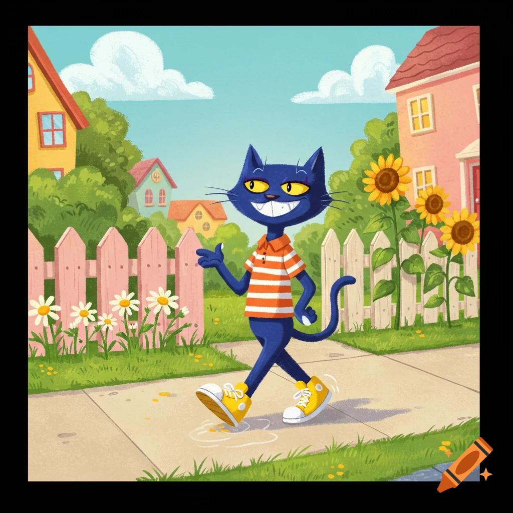 Blue cartoon cat in an orange striped shirt and yellow shoes walking on a sidewalk past houses and a picket fence with flowers.