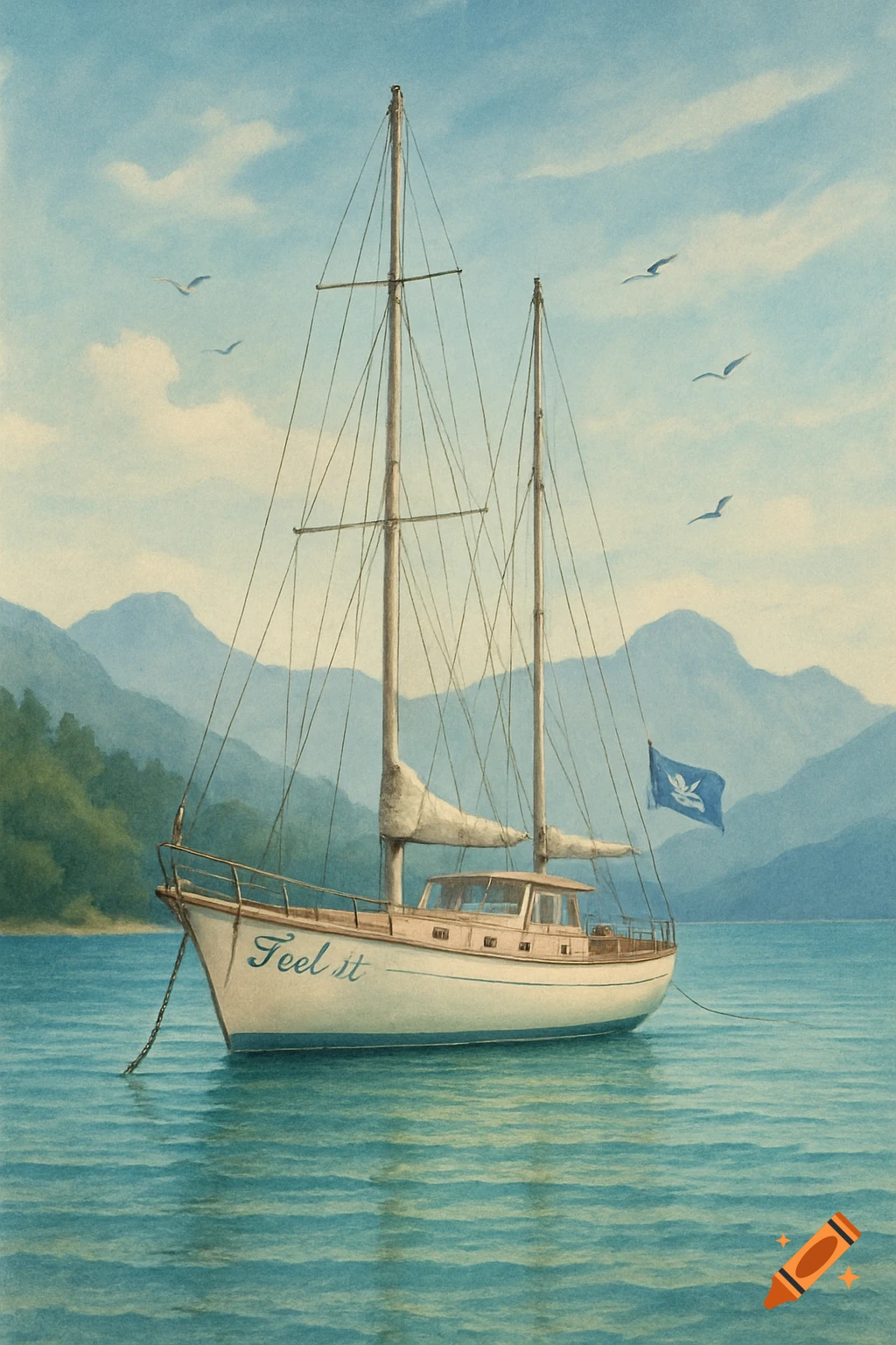 A watercolor illustration of a sailboat named 'Feel it' anchored in a bay with mountains, a forested shore, and gulls.