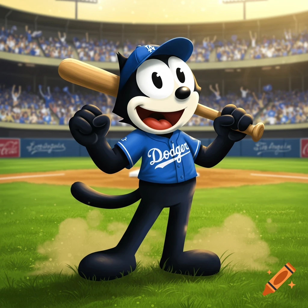 Felix the Cat, wearing a blue Dodgers baseball uniform with an "LA" cap and a "Dodger" jersey, holds a baseball bat and smiles broadly on a baseball field with a stadium full of fans in the background.