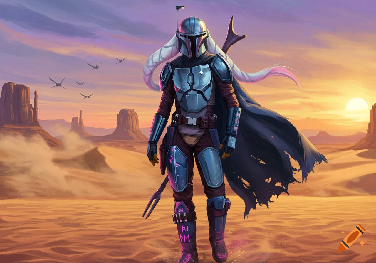 An armored, helmeted Mandalorian with long white lekku stands in a desert landscape at sunset, holding a spear-like weapon.