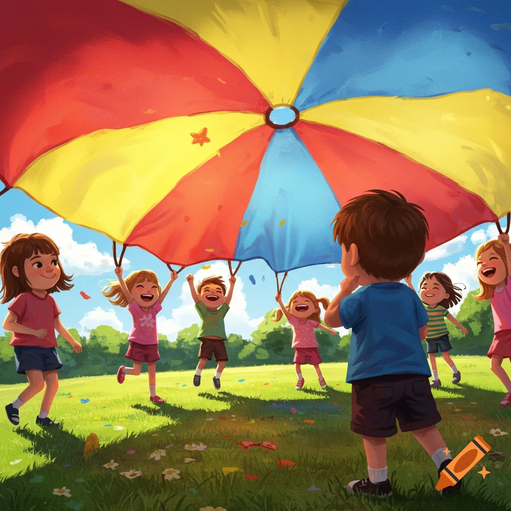 Happy children playing with a large, colorful parachute on a sunny green lawn with scattered confetti, in an illustrated style.