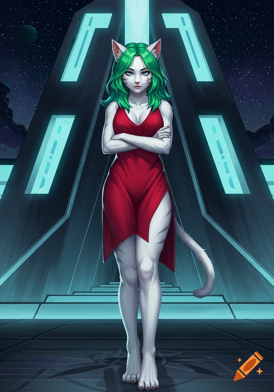 An anime catgirl with green hair and white fur wears a red dress, standing in front of a futuristic temple under a starry sky.