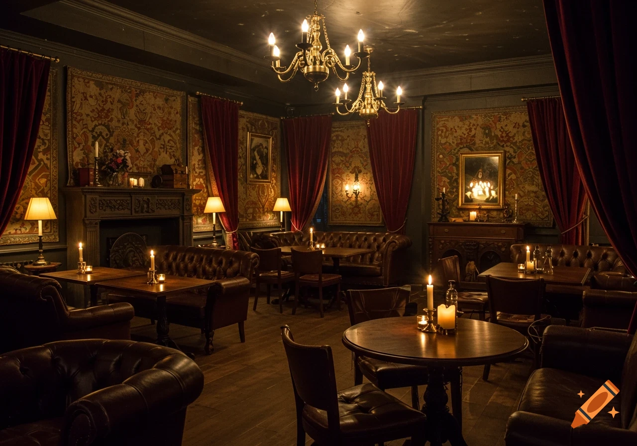 A dimly lit, vintage-style lounge cafe with red velvet curtains, ornate tapestries, leather seating, and brass chandeliers, illuminated by candles.