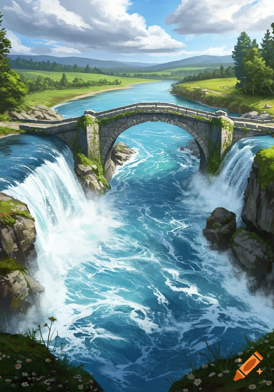 Illustrative painting of a stone bridge over a river with two powerful waterfalls cascading into rapids below, surrounded by green hills and trees under a cloudy sky.
