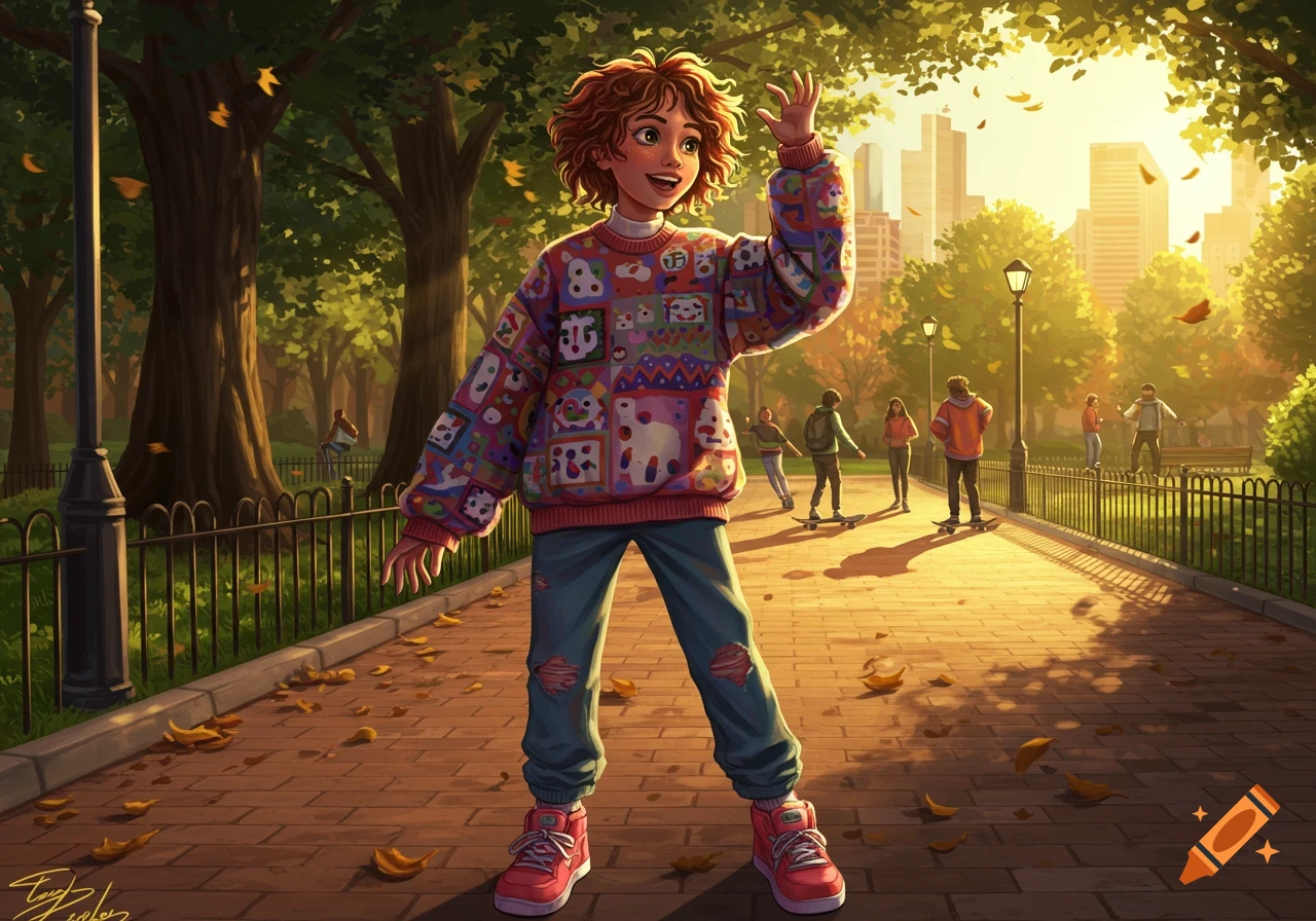 A cartoon illustration of a happy young person in a colorful sweater waving in an autumn park with others and city buildings.