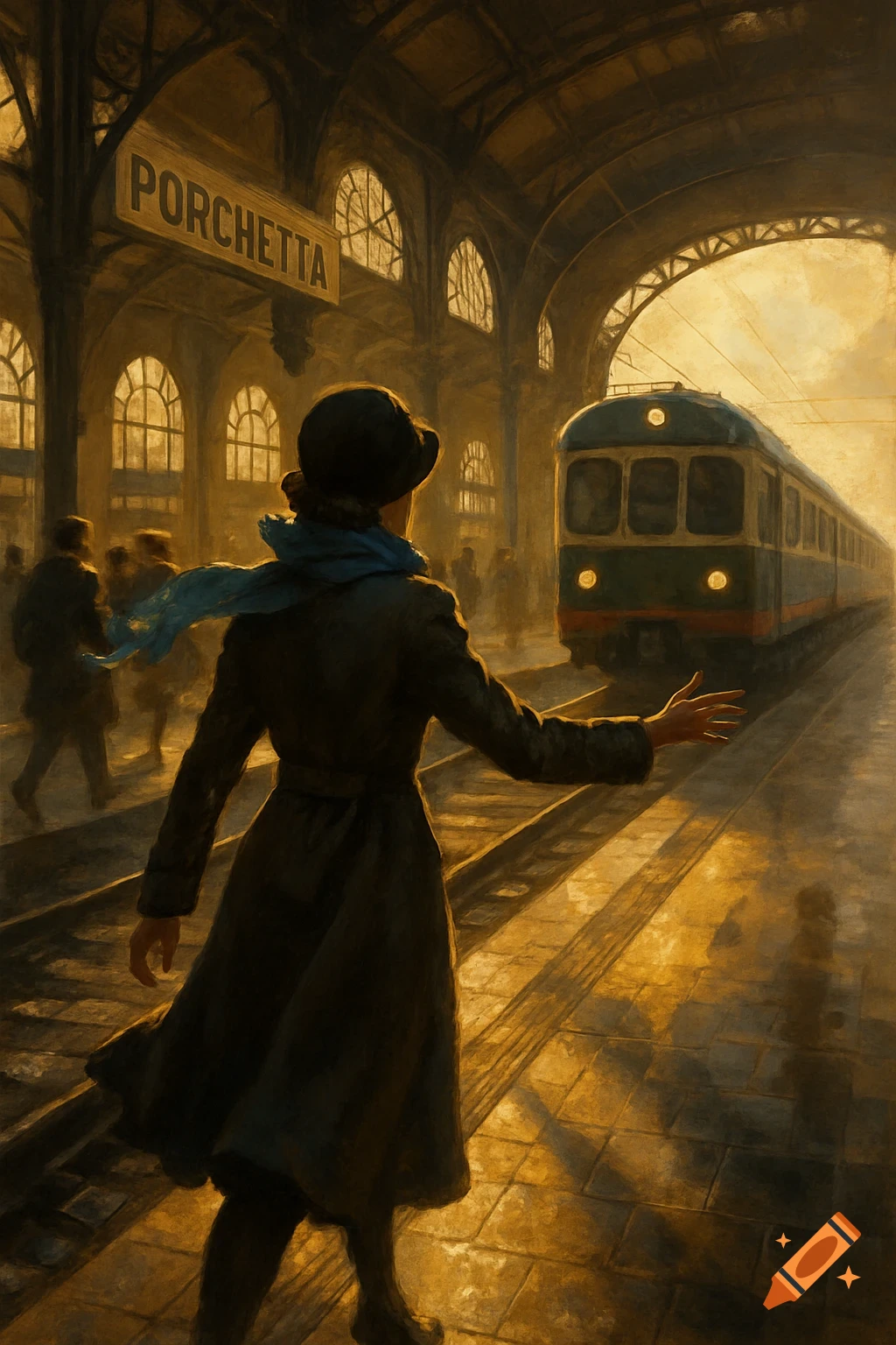 A woman in a coat and blue scarf at a golden-lit train station with a 'PORCHETTA' sign, reaching towards a departing train, painterly style.