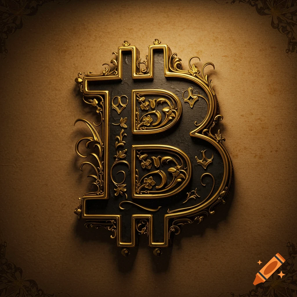 An ornate, dark gold Bitcoin symbol with intricate gothic-inspired filigree, cast against a textured brown background.