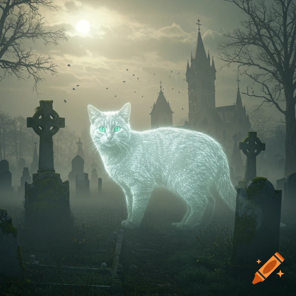 A glowing ghost cat with bright green eyes stands in a foggy graveyard at night, with tombstones and a gothic church in the background.
