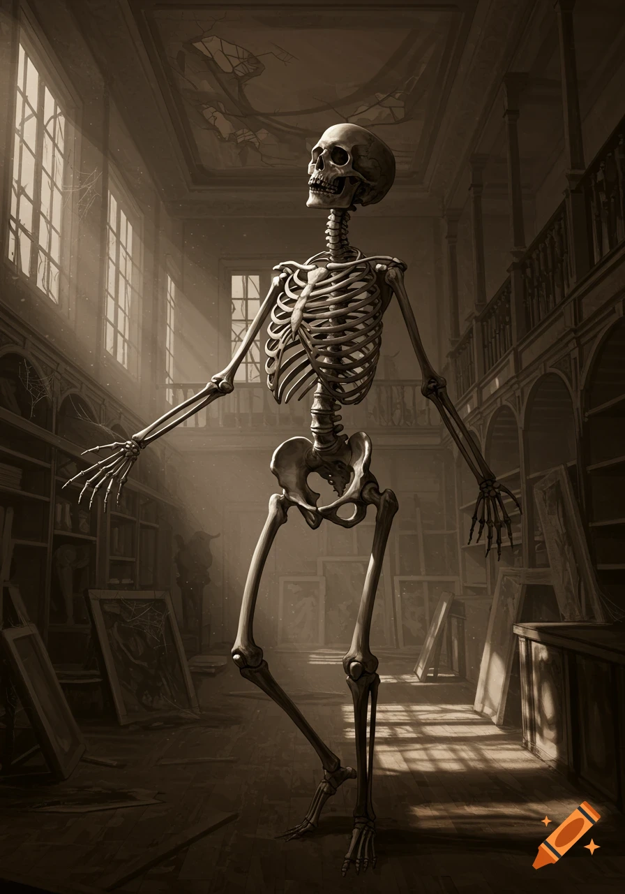 Full skeleton standing in a dusty, dilapidated art studio, bathed in sunlight from tall windows, with canvases in the background.