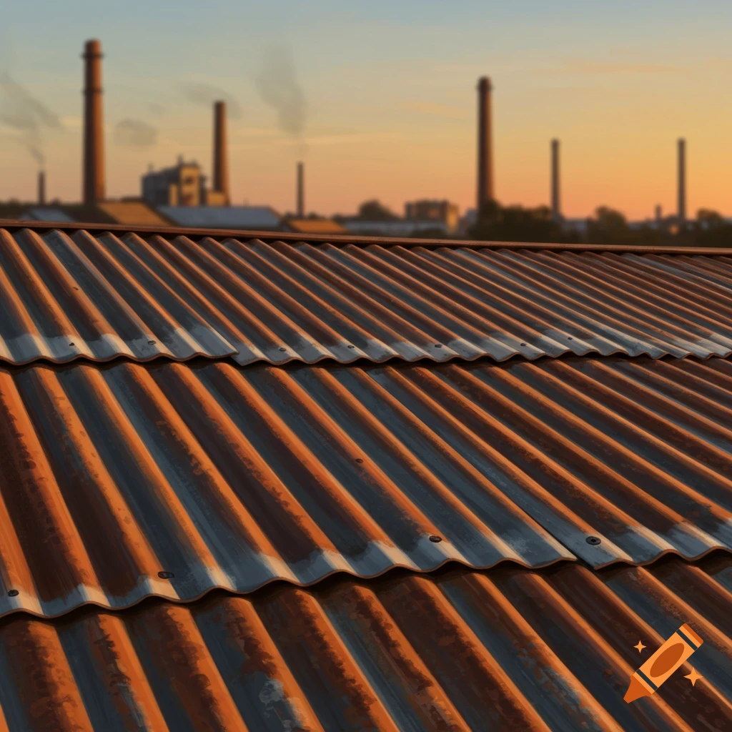 Close-up of a rusty corrugated iron roof with a blurred industrial complex and smokestacks under a sunset sky in the background.