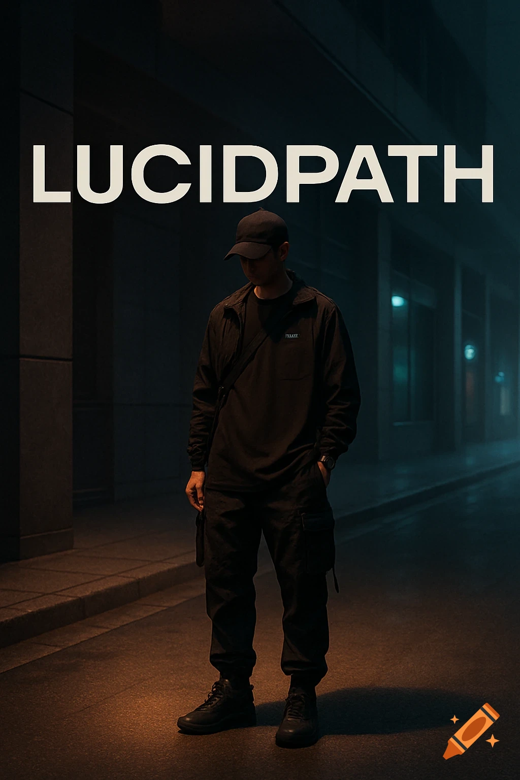 Man in black techwear stands on a misty city street at night, with the word LUCIDPATH above him.
