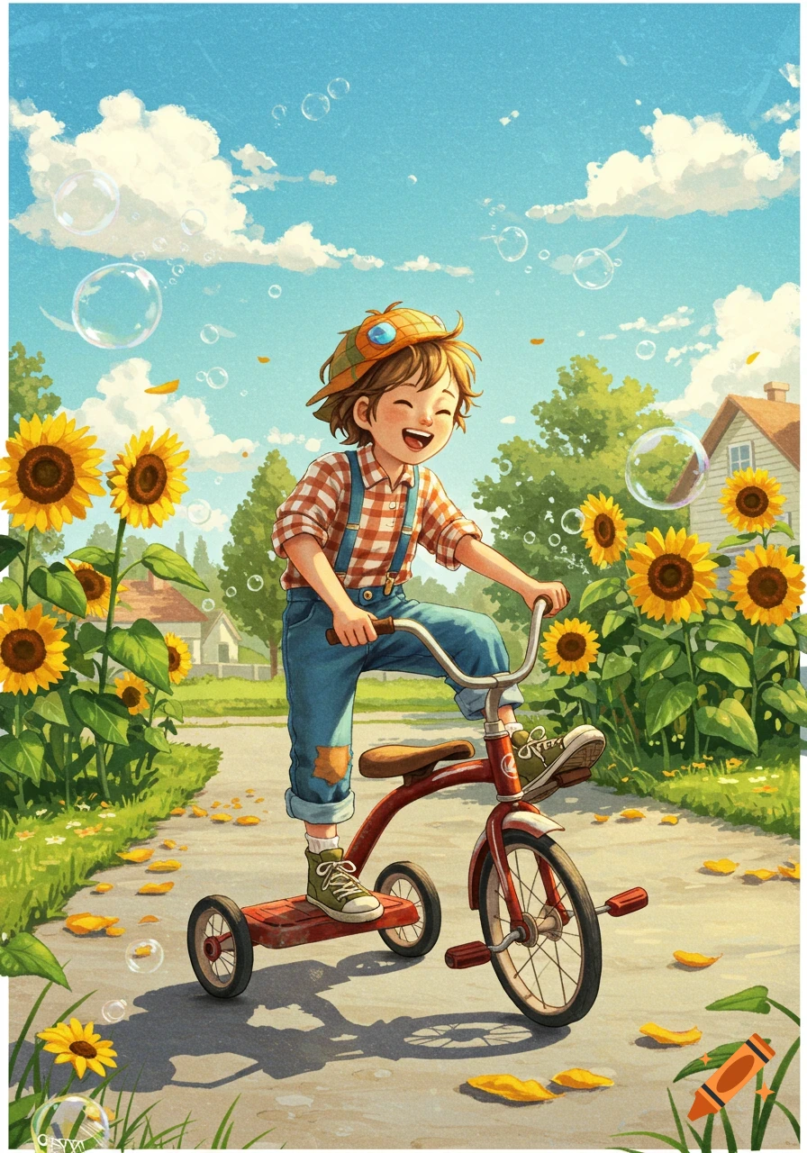 A happy child on a red tricycle, smiling in a sunny sunflower field with bubbles, in a cheerful illustration style.