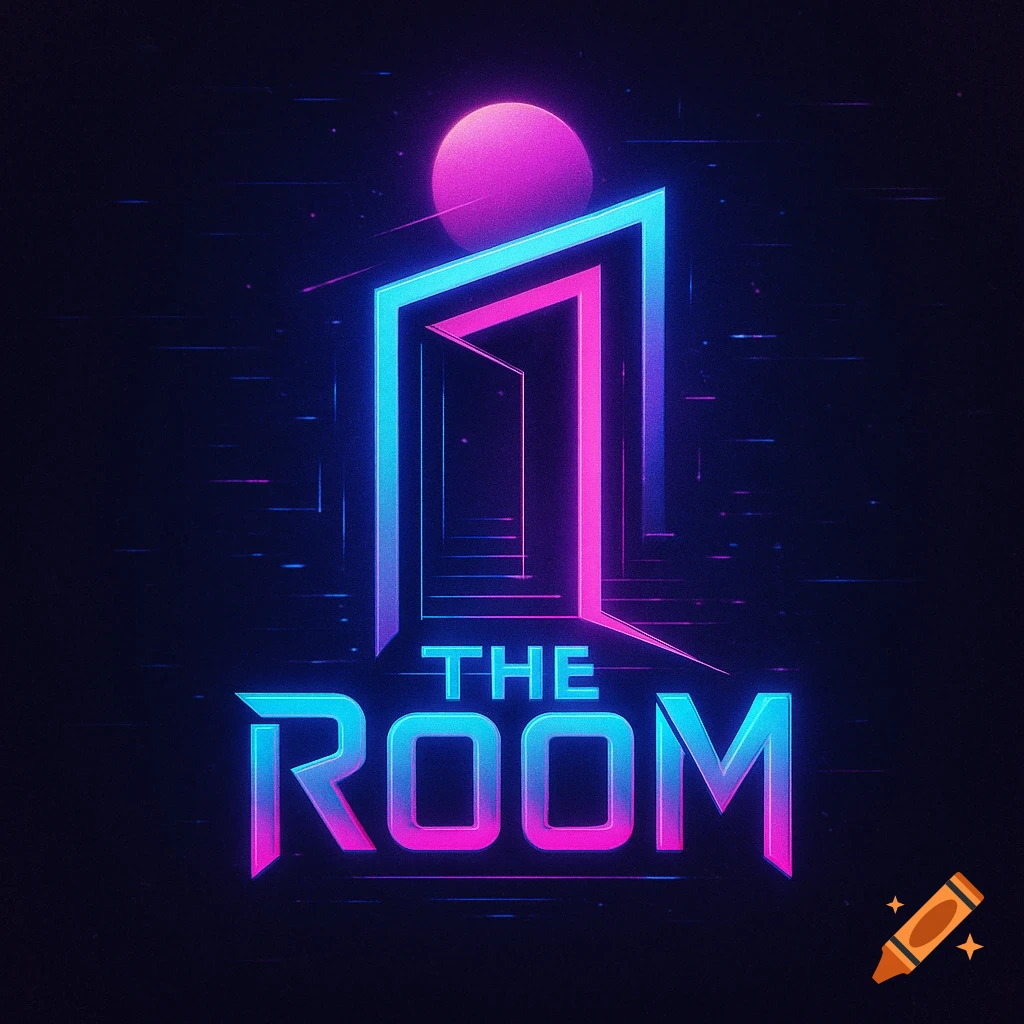 Neon synthwave logo for 'The Room' with a glowing door outline and a magenta sun-like orb against a dark, starry background.