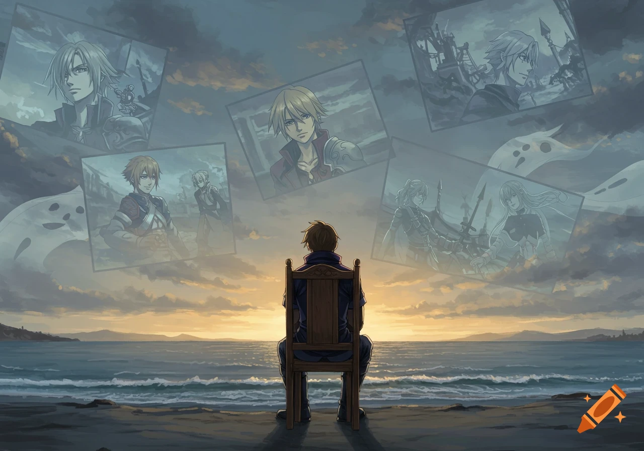 Anime style illustration of a person sitting on a chair facing a sunset ocean, with ghostly images of other characters floating in the sky.