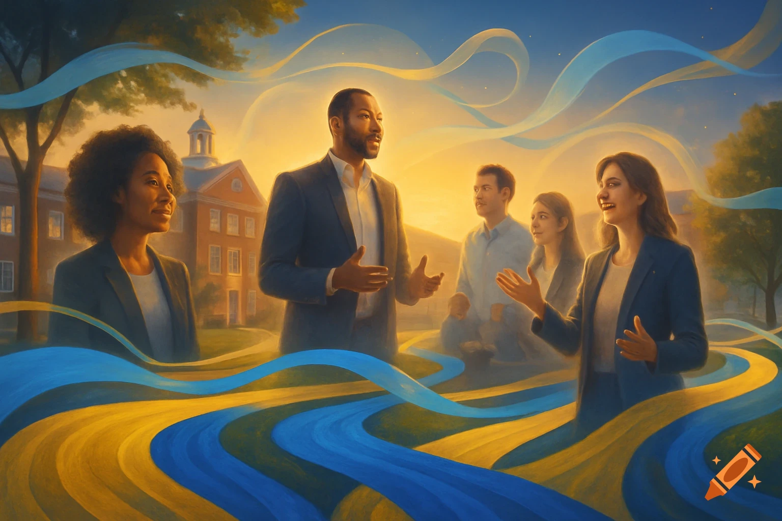 A diverse group of professionals in an outdoor campus setting with a building, surrounded by flowing blue and yellow ribbons, in a painted style.